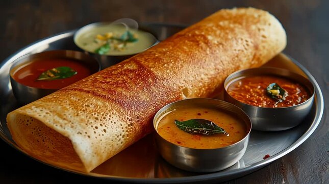 Crispy Masala Dosa with Sambar and Chutney, Authentic South Indian Food