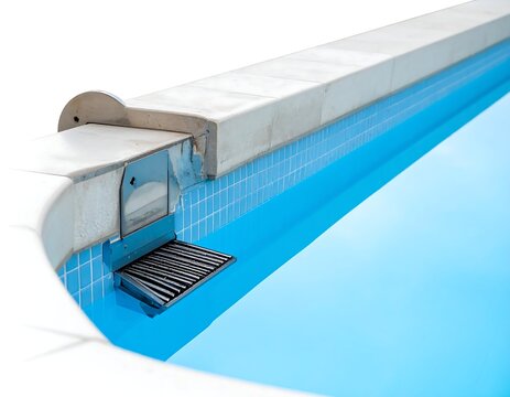 Closeup of a swimming pool's skimmer system at the water's edge with blue tiles and white coping