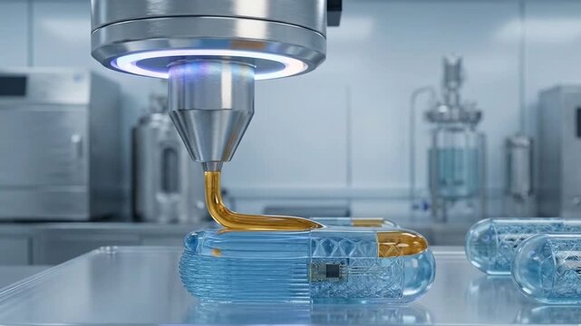 Futuristic 3D bioprinter extruding amber translucent gel layers to create a smart medicine capsule with integrated microchip, slow motion timelapse