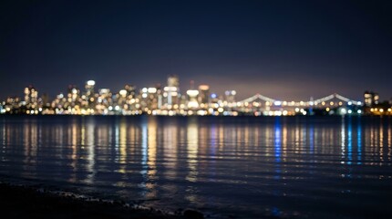Obraz premium Night view of city skyline with bridge over water at dusk with lights reflecting on surface