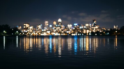 Obraz premium Blurred city skyline at night with colorful lights reflecting on water surface calmly