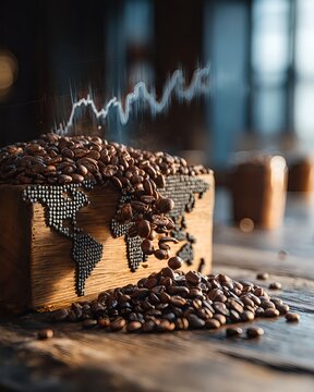 Close up of coffee beans over geographic world map and ascending business chart representing coffee price surge, agricultural commodity trends and global trade analysis
