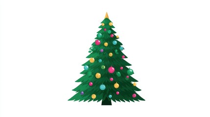 Fototapeta premium A Christmas tree, festive element, flat vector design, bright green with colorful baubles, isolated on white background.
