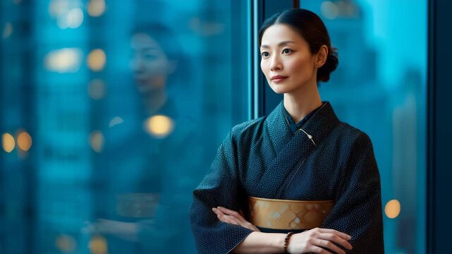 女性が着物で高層オフィスに佇む姿夕景を背に