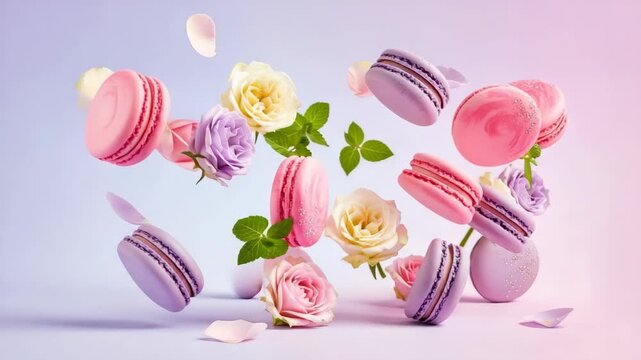 Colorful Macaron Pastries Flowers Floating Against Pastel Gradient Background Delightful Artistic Arrangement For Food Dessert Bakery Themes The Composition Hints At Elegance Sweetne