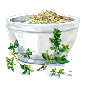 Watercolor illustration depicts a white ceramic bowl filled with dried herbs and a sprig of fresh green thyme