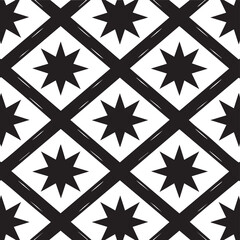 Obraz premium Black and white star pattern on cream background geometric design with diamond shapes and starburst motifs abstract decorative texture