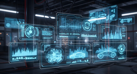 Obraz premium Futuristic Interface: Dive into the world of cutting-edge technology with this image, a vivid display of data visualization and digital innovation. The various screen showcasing complex data.