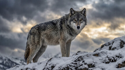 Obraz premium Majestic wolf standing on snowy mountain under dramatic sky