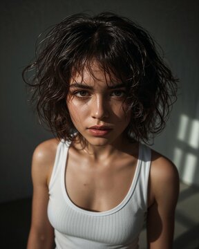 Raw Cinematic Portrait of a Young Woman with Curly Hair and Harsh Window Shadows