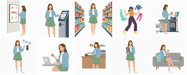 Flat Style Illustration of Woman Shopping in Various Retail Environment