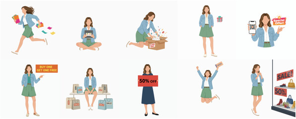 Minimalist Woman Character with Different Poses and Expressions for Shopping Activities