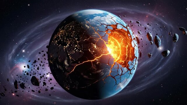 Cracked Earth In Deep Space Exploding With Magma Surrounded By Asteroids With Starry Nebulae Background For Science Fiction Projects Educational Materials