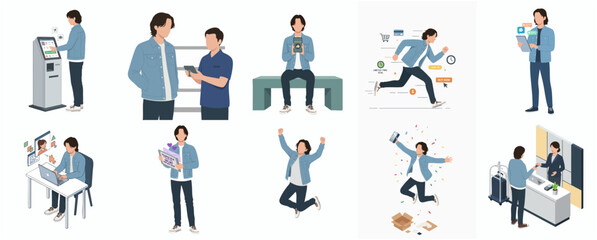 Fototapeta premium Flat Illustration Set of Young Man in Different Situations and Activities