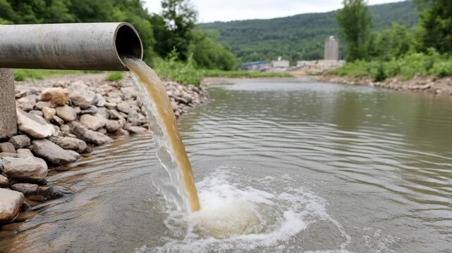 Dirty water flowing from a large pipe into a river, causing environmental pollution in nature.