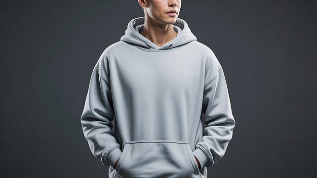 Man wearing blank light grey hoodie studio shot