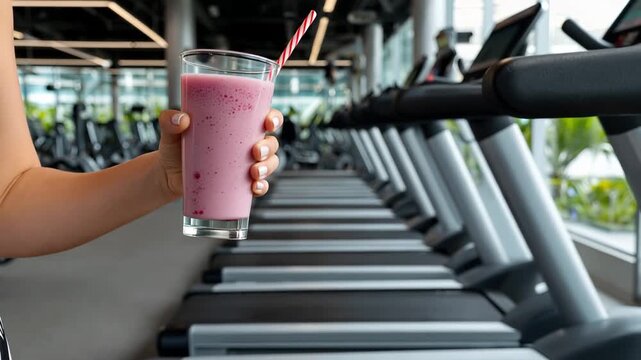 Treadmill and smoothie at a gym during a workout session in the afternoon