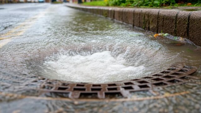 Rainwater rushes and swirls into a street storm drain during a heavy rainstorm in the city.