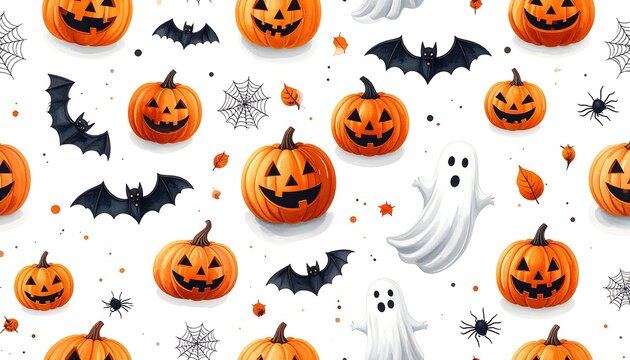 Halloween-themed pattern with smiling pumpkins, bats, ghosts, spiderwebs and leaves on a bright, white background