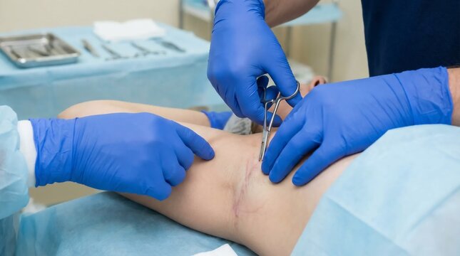 Close up of surgeons hands in blue gloves performing varicose vein surgery on a patients leg in a modern clinic.
