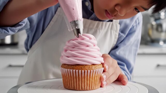 Young boy decorating a cupcake with pink frosting in a bright home kitchen for a creative baking concept and domestic hobby