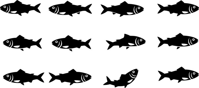 Set of Minimalist black sardine seafood silhouette vector icon