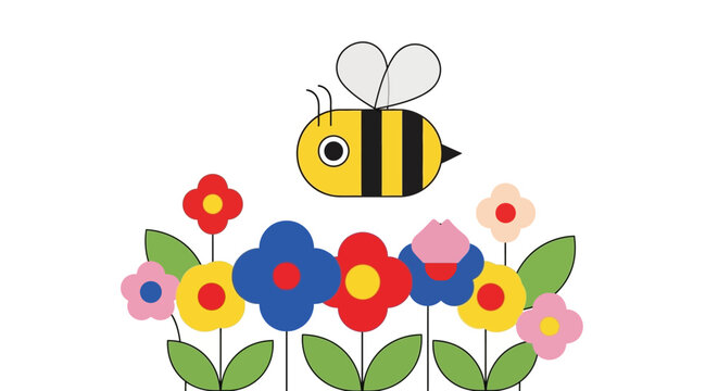 Cheerful cartoon bee hovers above a vibrant array of blooming flowers, a delightful illustration depicting nature's playful spirit and springtime joy