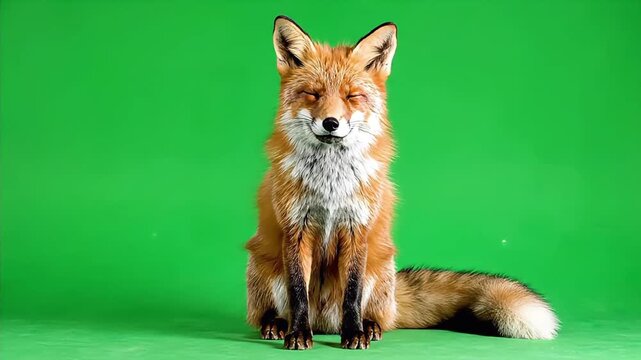 Red Fox Sitting on Green Screen Looking Around and Directly at Camera.