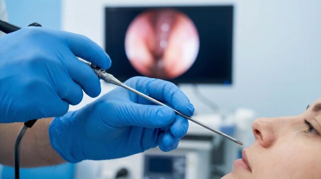 Otolaryngologist performing a nasal endoscopy procedure on a patient in a modern clinic with a monitor showing the internal view.