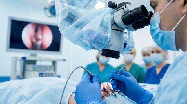 Otolaryngologist surgeon performing endoscopic sinus surgery with a microscope.