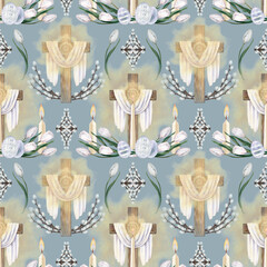 Watercolor Easter pattern with wooden cross, burning candle, white tulips,decorated eggs. Soft botanical design on blue background for greeting cards, packaging, stationery, textiles, craft paper © el_suhova