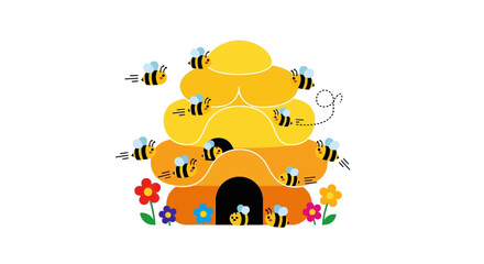 Fototapeta premium A delightful illustration of a busy beehive teeming with active bees and vibrant flowers, symbolizing nature's harmony and productivity