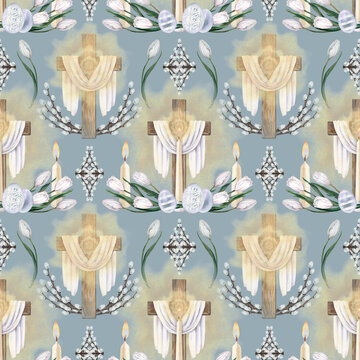 Watercolor Easter pattern with wooden cross, burning candle, white tulips,decorated eggs. Soft botanical design on blue background for greeting cards, packaging, stationery, textiles, craft paper