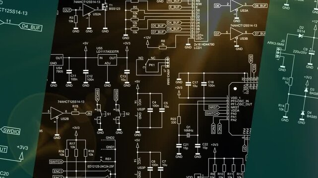 Video animation with schematic 
diagram of digital electronic device. Drawing 
electrical circuit with 
integrated circuit, micro controller,
operational amplifier, memory chip,
capacitor, resistor. 