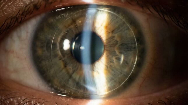 Slit lamp examination of a human eye with an intraocular lens implant.