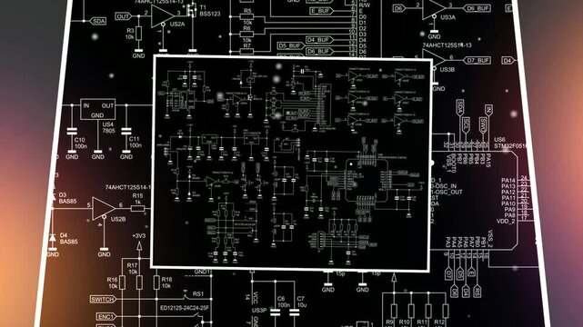 Video animation with schematic 
diagram of digital electronic device. Drawing 
electrical circuit with 
integrated circuit, micro controller,
operational amplifier, memory chip,
capacitor, resistor. 