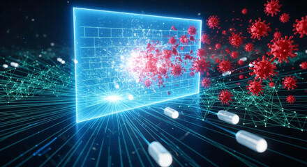 Fototapeta premium Digital shield protecting against virus cells, abstract technology concept of health defense and cybersecurity