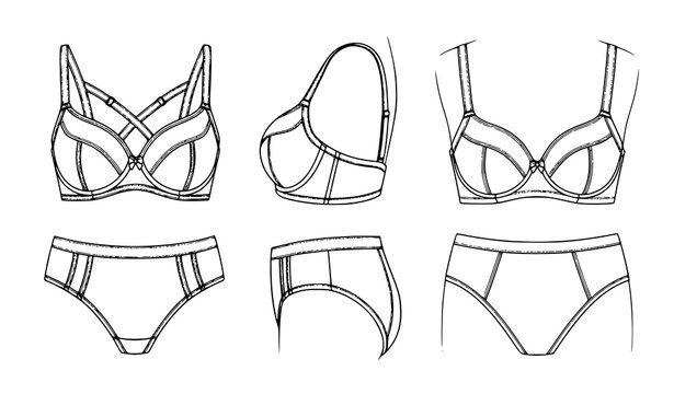 Women lingerie bra and panties set technical fashion illustration showing front, side and back views of modern feminine underwear design