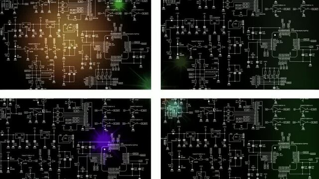 Video animation with schematic 
diagram of digital electronic device. Drawing 
electrical circuit with 
integrated circuit, micro controller,
operational amplifier, memory chip,
capacitor, resistor. 