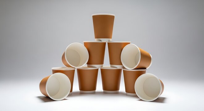 Brown paper coffee cups stacked in pyramid shape on white surface