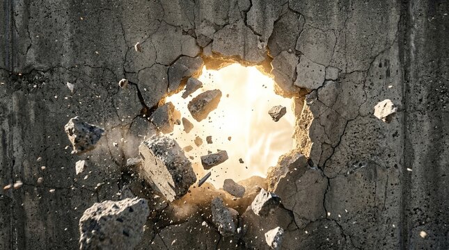 Concrete wall exploding with light and debris, showing a powerful impact or breakthrough.