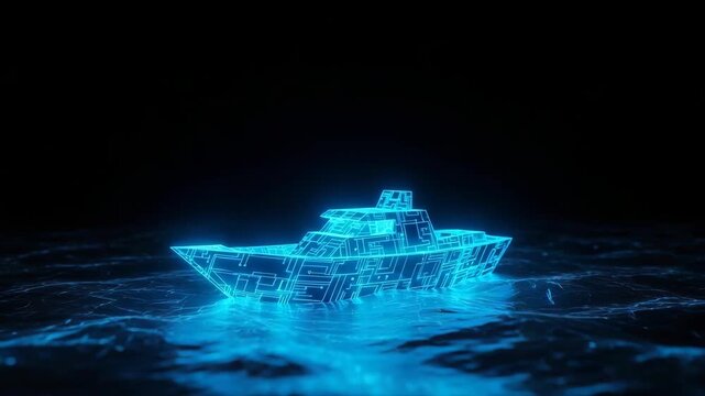 Glowing Digital Outline Of Boat Floats On Rippling Water Under Dark Sky Technology Innovation For Tech Presentations Design Projects