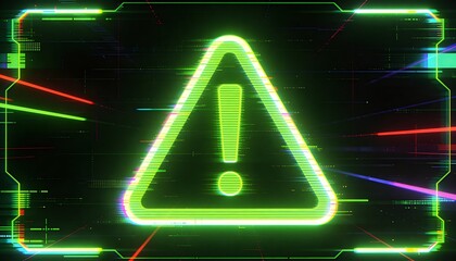 Naklejka premium A virus alert warning displayed on a digital screen with danger symbols and glitch effects, in a futuristic environment 