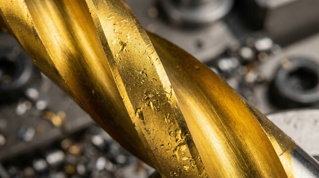 Macro photography of PVD titanium nitride gold coating on tool surface, advanced surface treatment concept for manufacturing brand or engineering editorial, no people