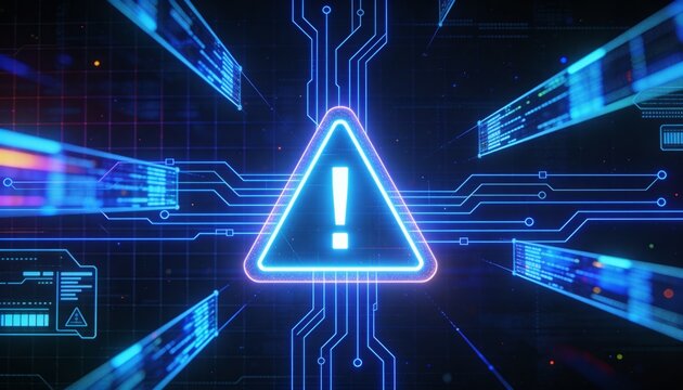A virus alert warning displayed on a digital screen with danger symbols and glitch effects, in a futuristic environment	