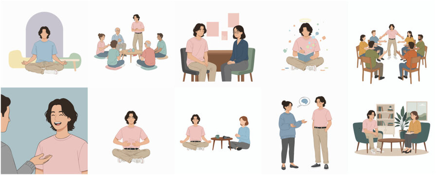 Minimalist Illustration Set of Mental Health Therapy and Support Group Concept