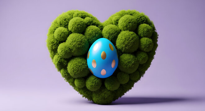 World earth day eco friendly heart shaped moss with blue easter egg symbolizing sustainability and environmental conservation