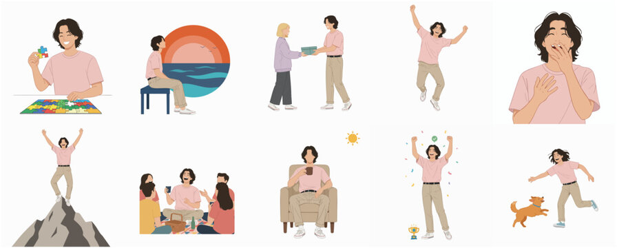Minimalist Flat Style People Doing Various Activities and Emotions Illustration Set