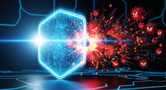 Digital shield protecting against viral threat, cybersecurity concept with glowing neon hexagon barrier deflecting red virus icons