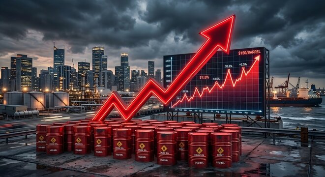 Rising oil price chart with red glowing arrow above rows of fuel barrels and industrial cityscape at sunset representing energy market volatility and economic growth during global supply crisis impact